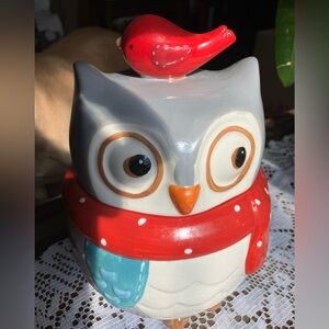 Snowy Owl Charming Owl Cookie Jar with Red Scarf Accent
